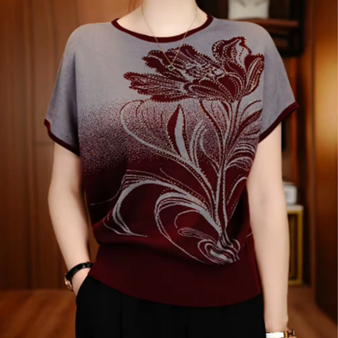 早秋潮流韩版休闲高档印花短袖薄款针织衫漂亮女士减龄显瘦透气衫