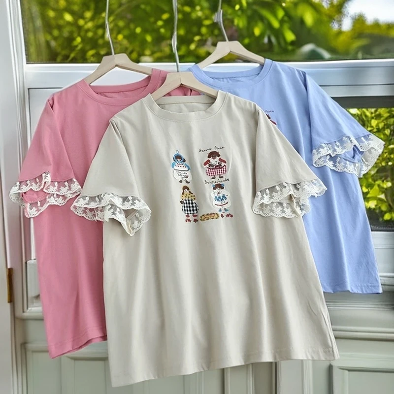《米粒》82935森系小清新圆领袖口拼接蕾丝花边百搭减龄T恤