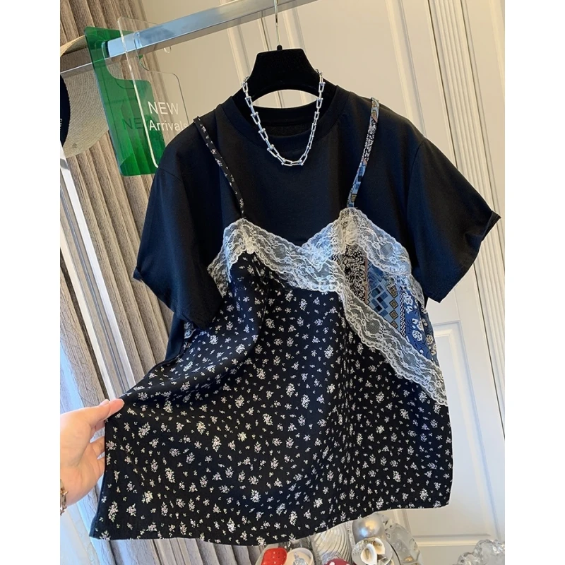 独特超好看法式碎花蕾丝吊带假两件短袖T恤宽松上衣女2025夏新款