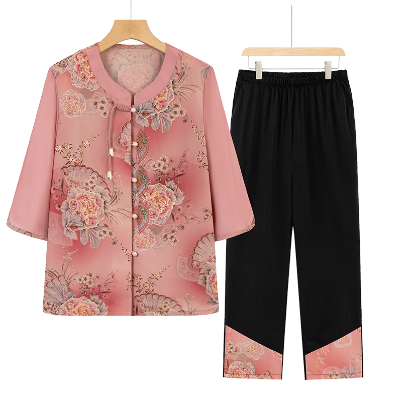 奶奶夏装新中式衬衫套装中老年女装妈妈短袖两件套母亲节老人衣服