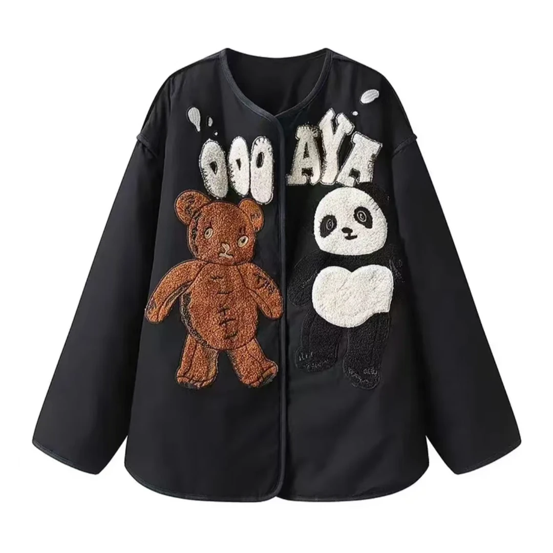 2024冬季新品趣味卡通玩偶刺绣宽松显瘦廓形感棉衣复古棉服外套女