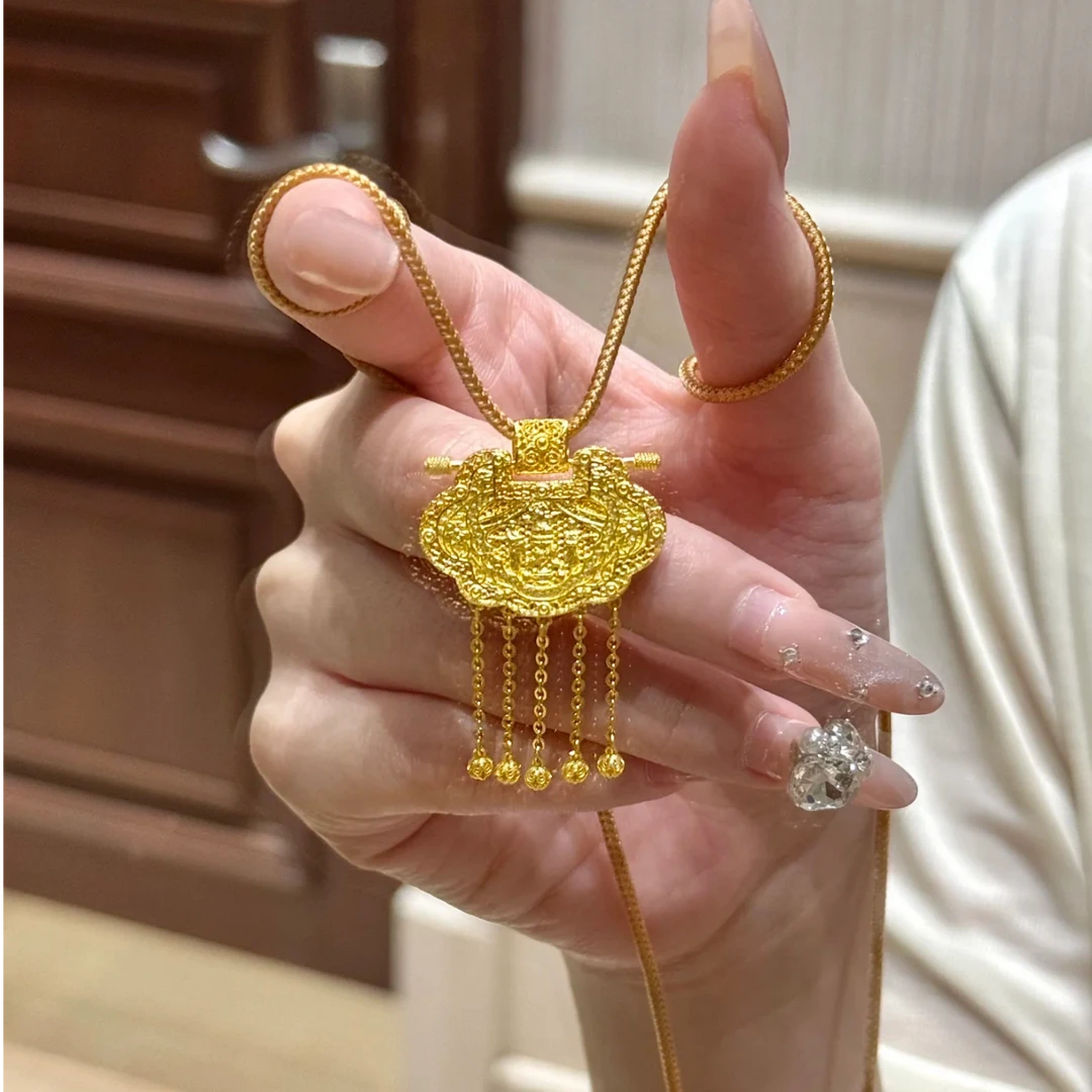 铜合金布艺项链 天子门生古法锁包吊坠龙凤平安锁时尚项链锁骨链