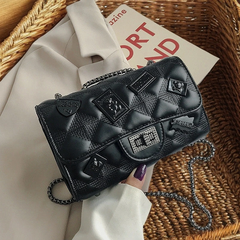 徽章包包女2025新款潮百搭ins链条单肩斜挎包时尚菱格小方包