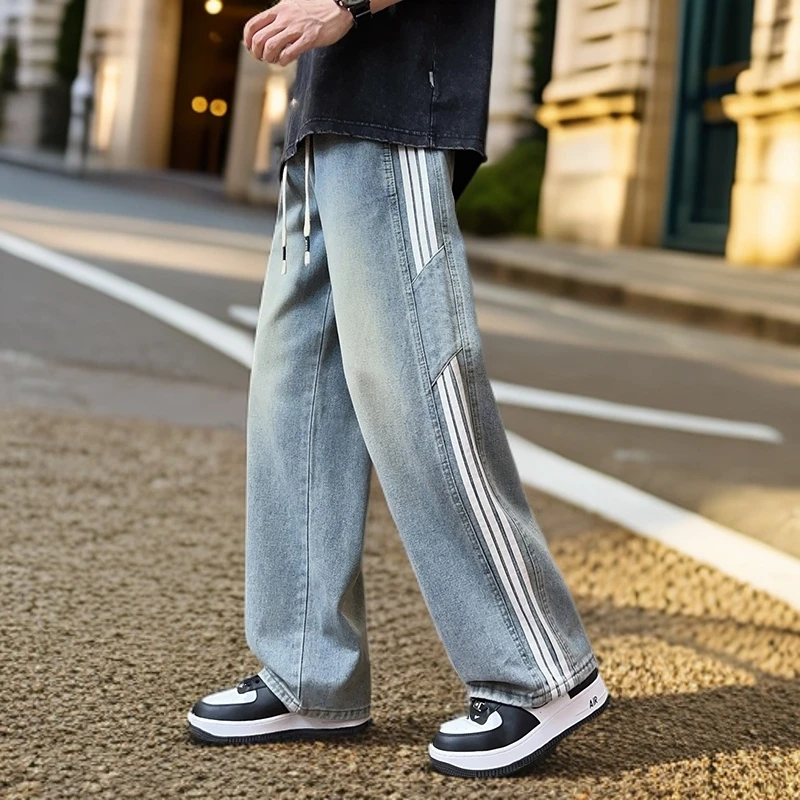 直筒长裤阔腿裤直筒裤系带男士秋季裤子牛仔裤港风百搭宽松潮流