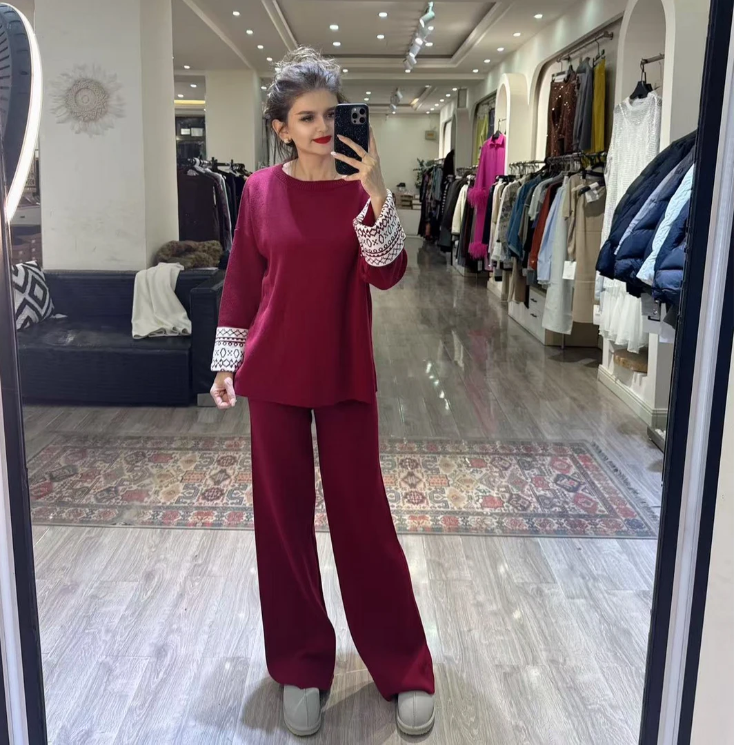 2024年自家原创设计高气质阔腿裤刺绣上衣女款两件套套装