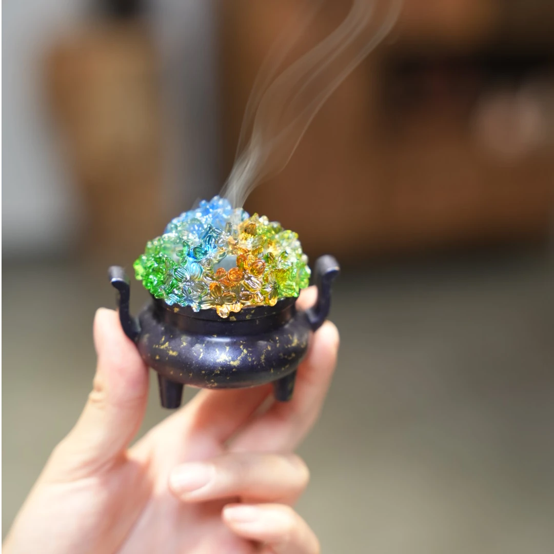 宽窄.纯铜紫色双耳三足洒金琉璃香炉盘香炉茶道零配