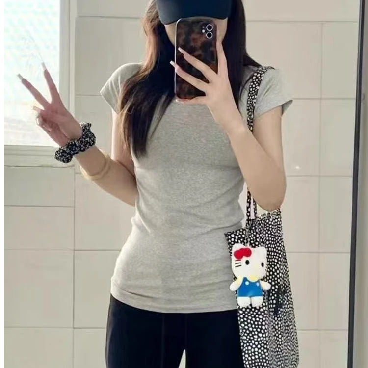 正肩t恤短袖女圆领2025新款夏季纯色修身半袖显瘦收腰上衣