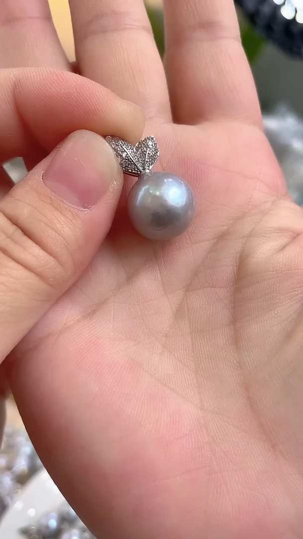 项链银S925镶嵌淡水珍珠13mm+灰色系樱桃吊坠