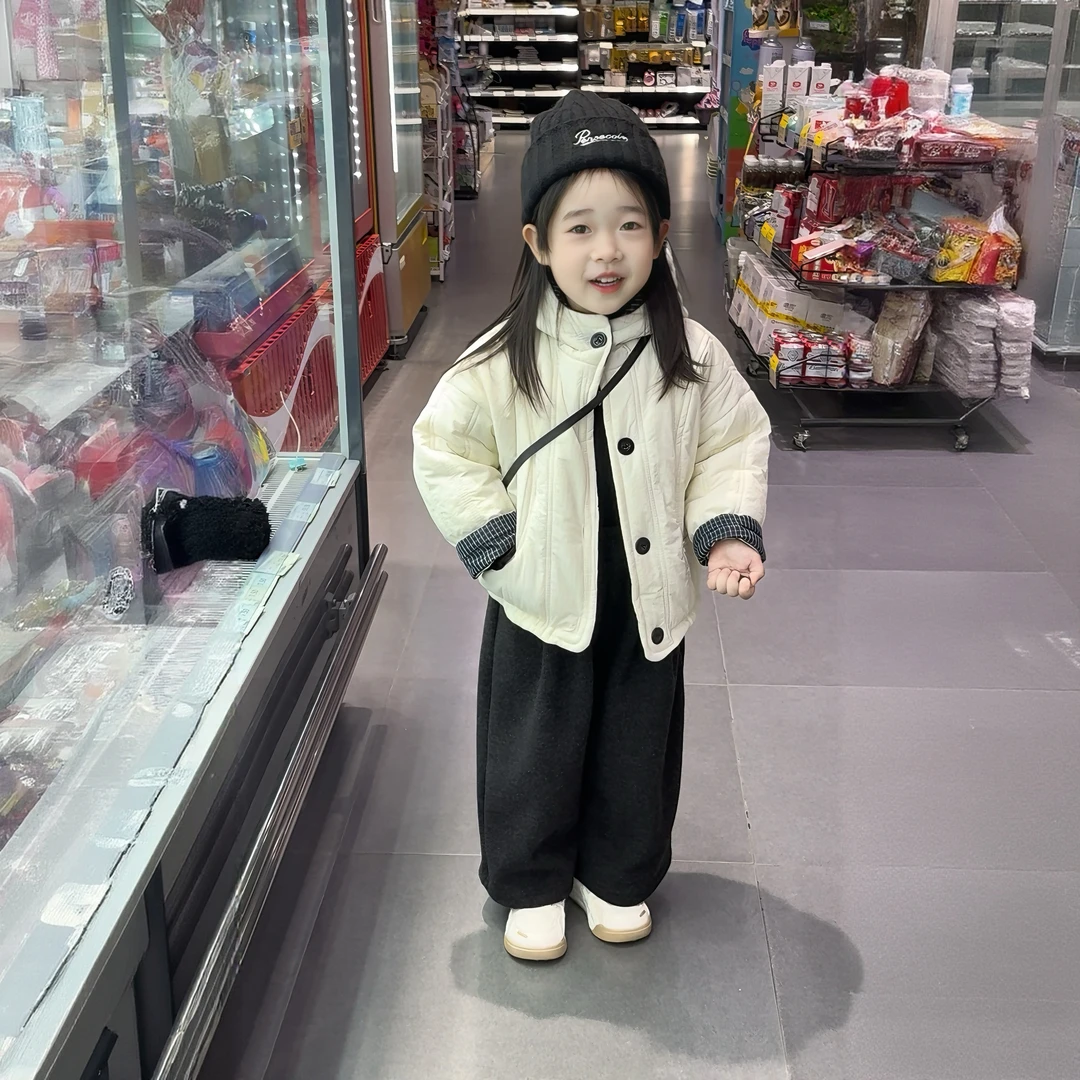 女童夹棉外套秋冬2025新款加厚二棉格子拼接棉服保暖绗棉洋气棉袄
