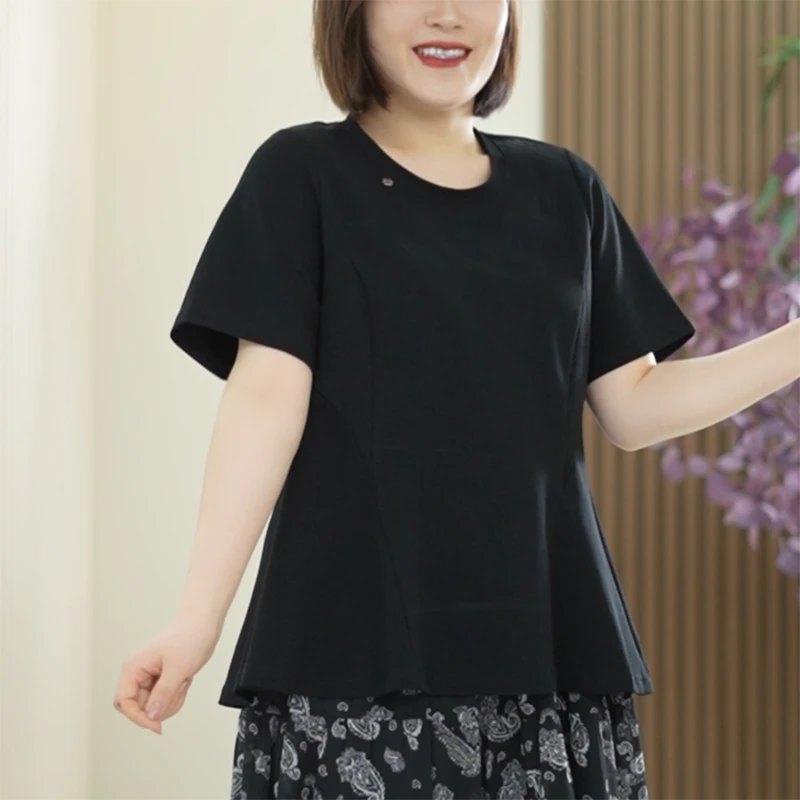 新款T恤荷叶摆冰肤棉短袖小蛮腰A字大码遮肚显瘦百搭夏季上衣女潮
