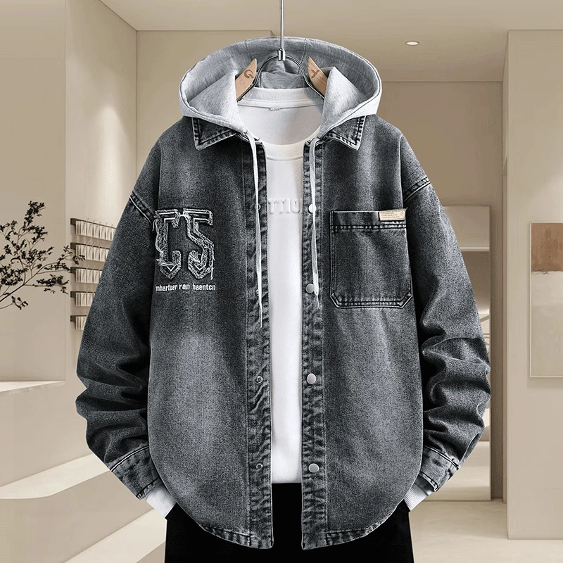 稻草人连帽牛仔外套男款字母工装夹克春季秋季宽松休闲韩版帅气