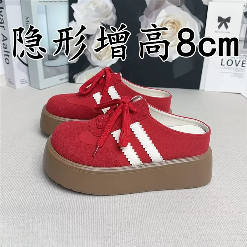 无后跟红色德训半拖鞋女内增高厚底一脚蹬凉拖小码3233穆勒鞋