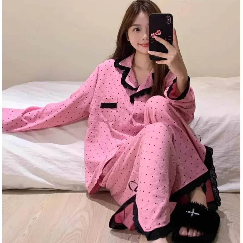 韩版少女甜美蕾丝花边睡衣春秋开衫2025年新款长袖红色圆点家居服