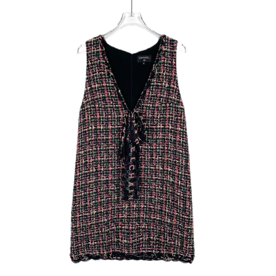 99新 Chanel/香奈儿 015901 系带粗花呢编织V领连衣裙 38 S码