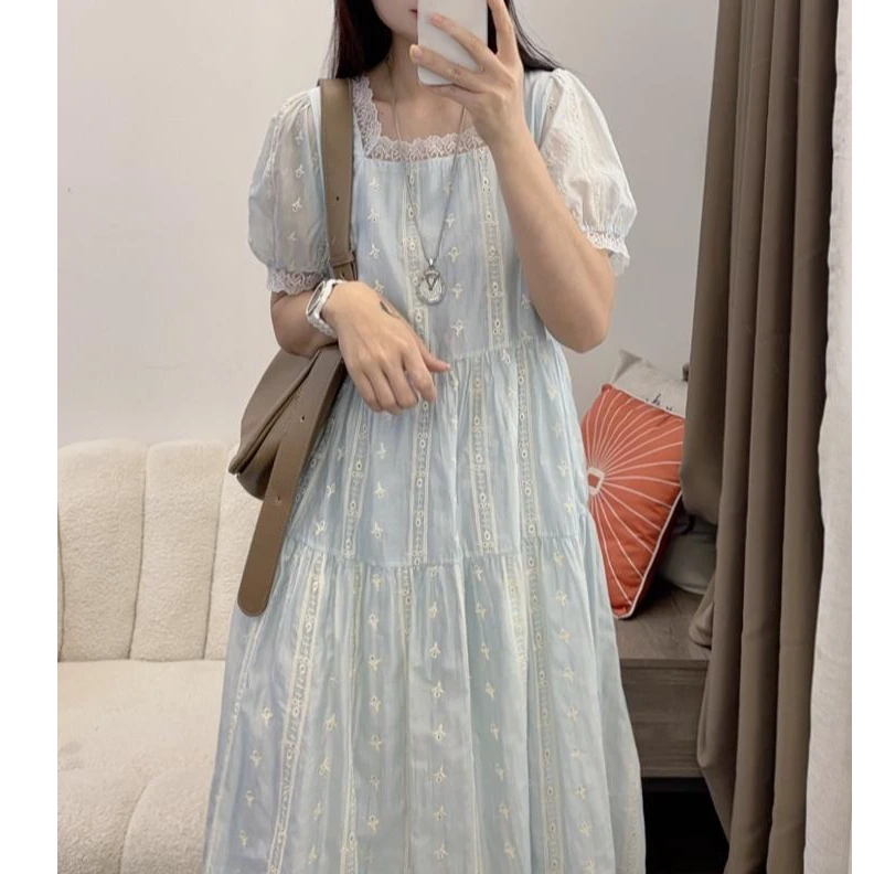 蕾丝花边方领连衣裙女泡泡袖2025夏季韩版收腰系带DYY2882