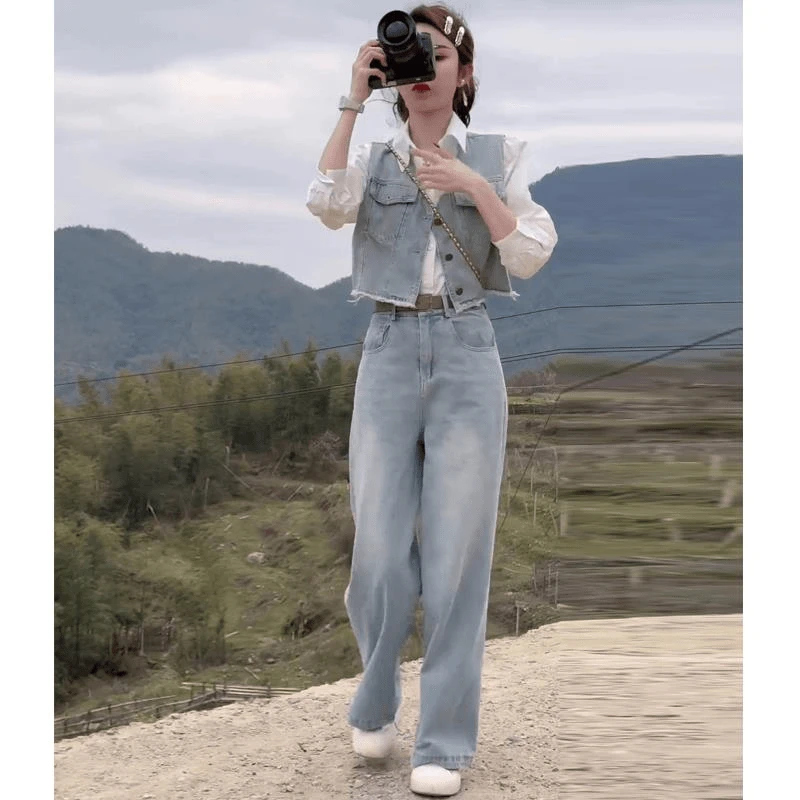 港风田园复古仔套装女童装秋季新款无袖马甲衬衣阔腿裤时尚三件