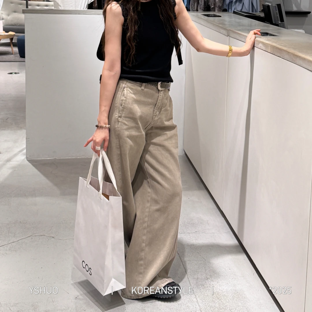 YSHUO【雅痞调性】特调水洗高腰宽松显瘦弯刀立裁阔腿牛仔长裤N2580
