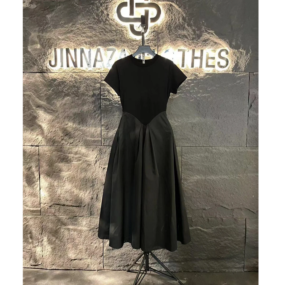 GG大码设计师款2025轻奢高定黑色拼接显瘦A版连衣长裙XX