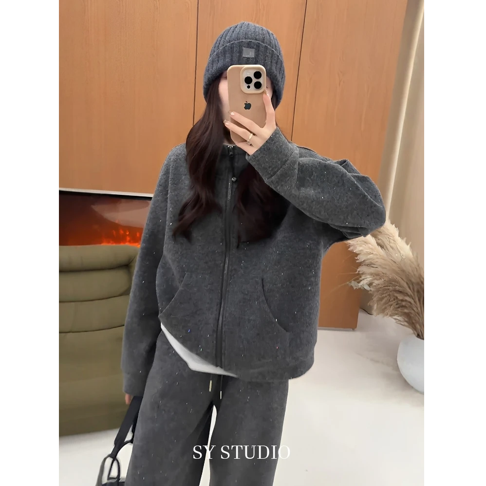 休闲套装女2025冬季款韩版时尚加绒加厚亮片开衫卫衣直筒裤两件套