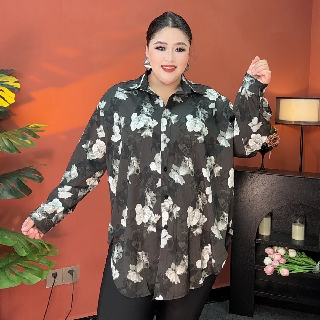 AHLIMA大码女装2025推荐款长袖时尚薄款印花碎花休闲花色宽松