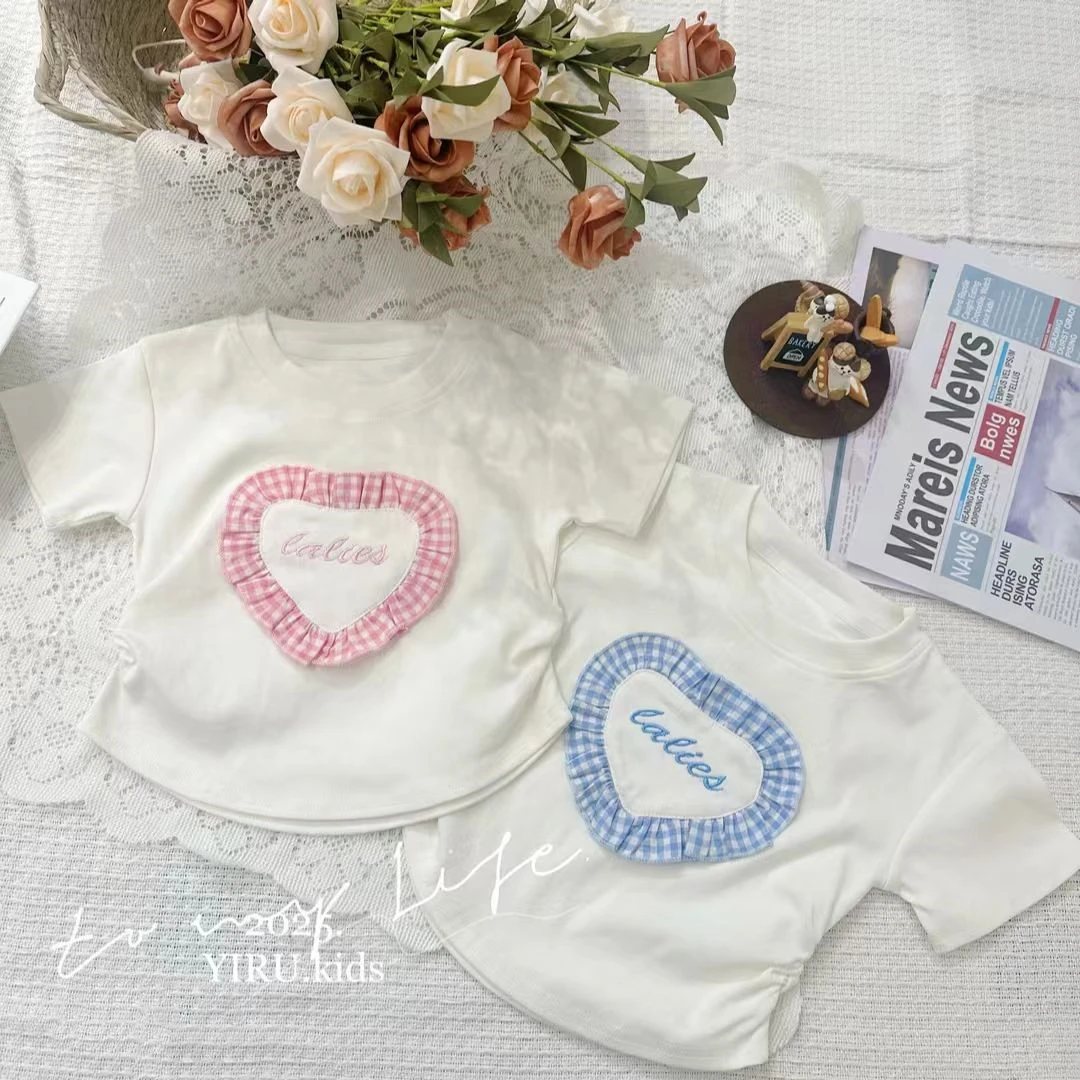 2025夏季新款上新女童T恤爱心格子纯棉舒适透气韩版儿童时尚短袖