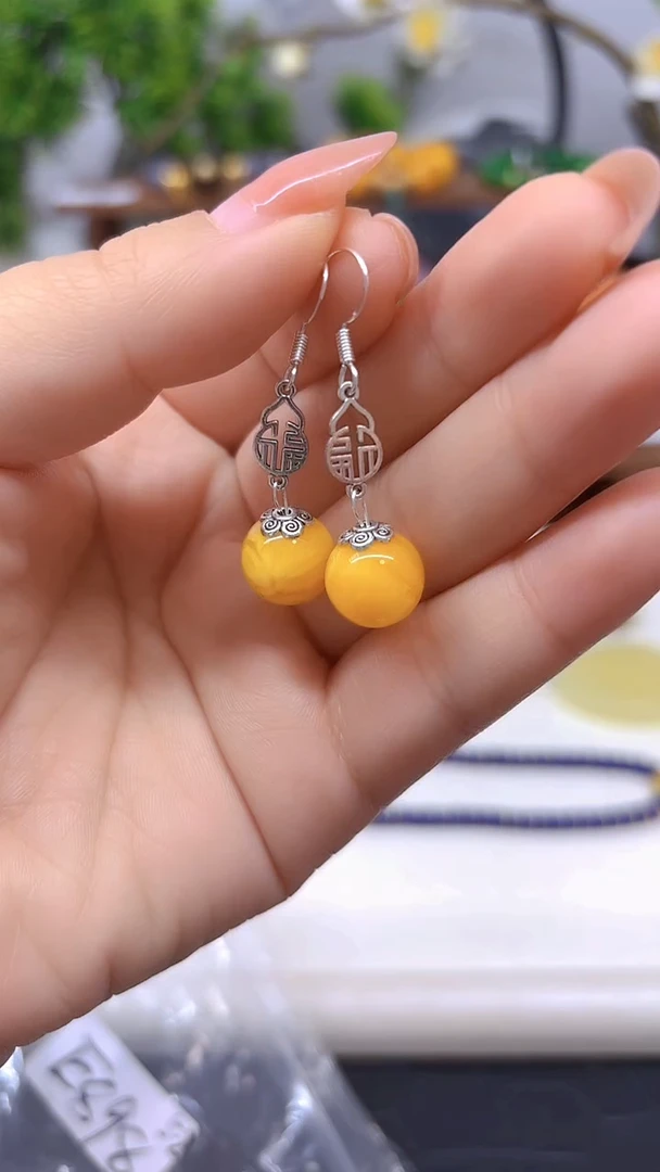 蜜蜡银S925镶嵌耳饰E898