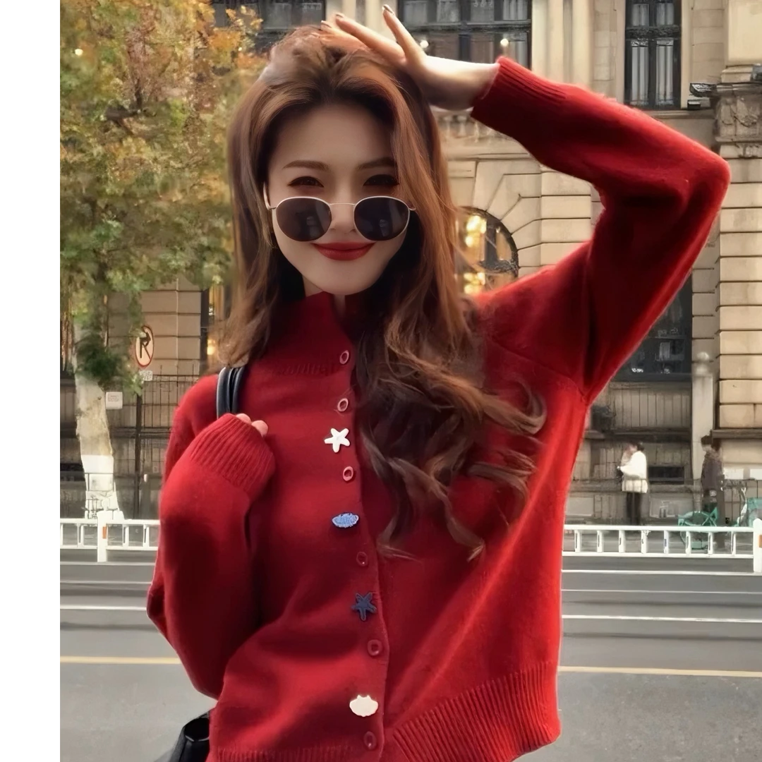针织女毛针织衫显白盘扣羊绒毛衣女装韩版针织衫显瘦6631