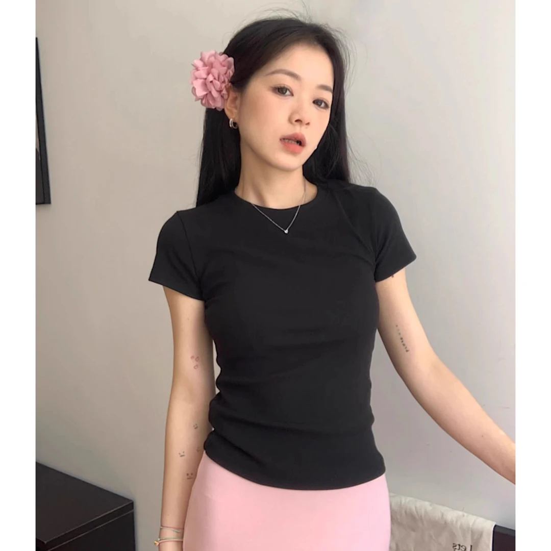 拉夏贝尔短袖t恤女2025爆款小圆领螺纹正肩基础纯色打底显瘦上衣