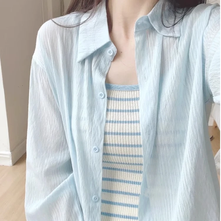 蓝色轻薄款防晒长袖亚麻衬衫女夏装新款宽松慵懒衬衣休闲外套上衣