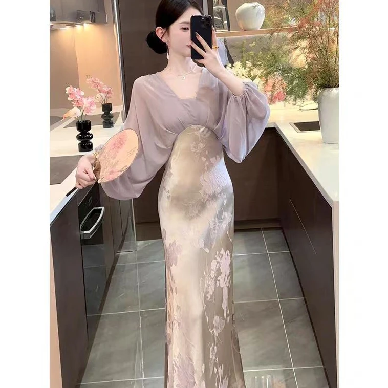 现539-5#新中式国风紫色假两件连衣裙子2025新款高级感气质收腰裙