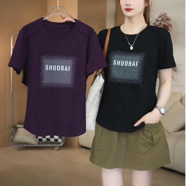 SHUOBAI/说白【印花+烫钻】280# 减龄遮肉 修身显瘦 圆领短袖T恤 -1