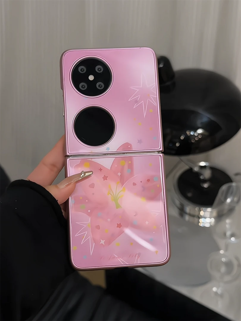 （华为pocket系列）适用华为pocket2手机壳p50折叠玻璃女橙色百合花