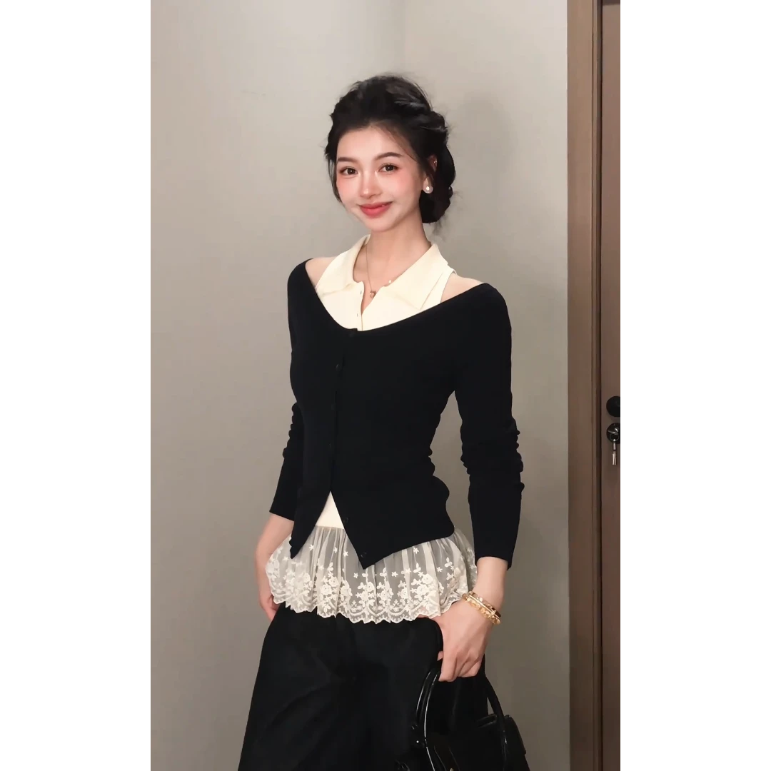 parkyeon韩系chic针织开衫秋装蕾丝拼接无袖衬衫黑色宽松长裤子