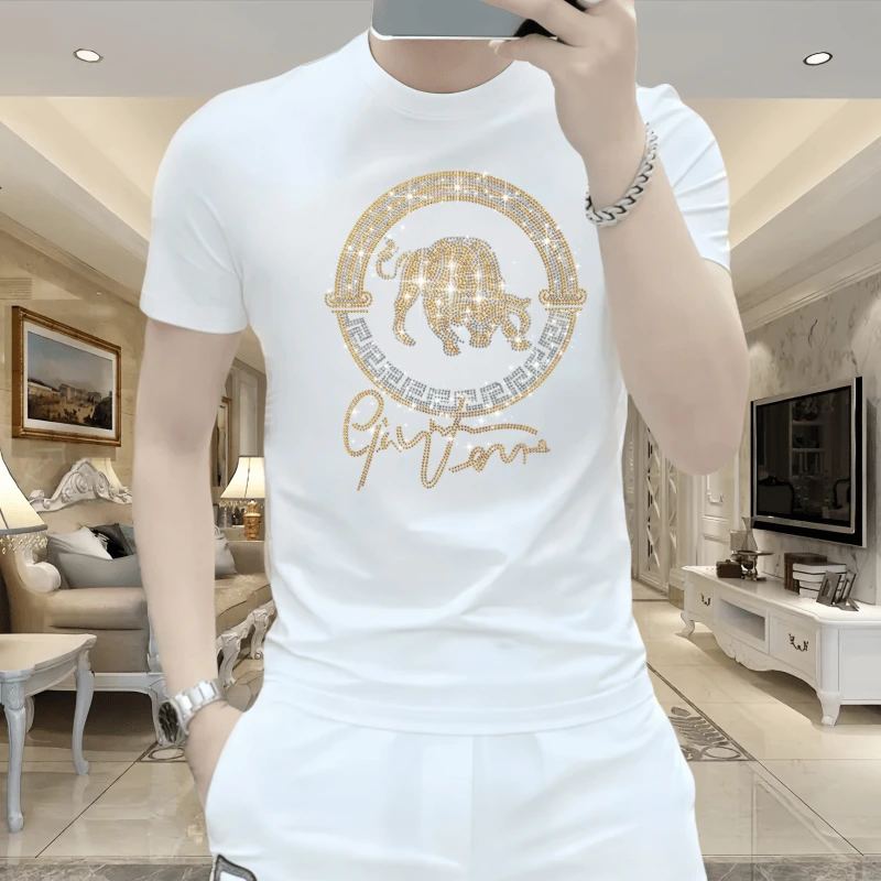 欧洲站男士烫钻时尚夏季潮流修身圆领休闲百搭高品质冰丝短袖T恤