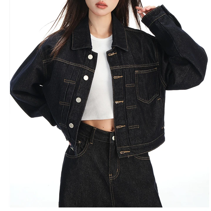 深蓝色翻领短款牛仔外套女秋冬新款复古高街设计感百搭夹克