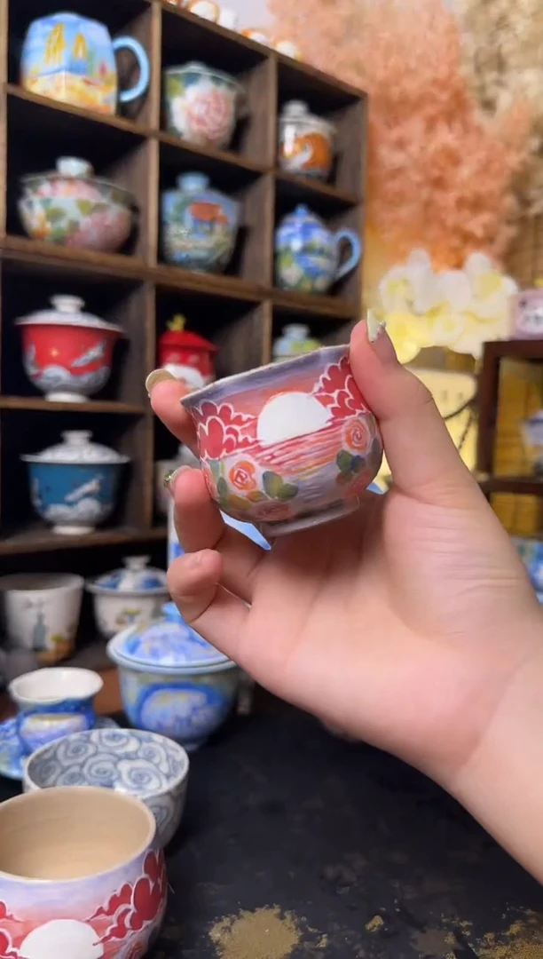 石一落日玫瑰小花口杯
