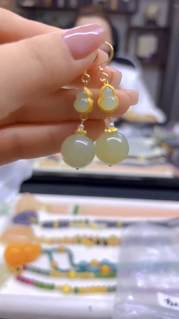 和田玉14K金镶嵌耳饰DIY款E714