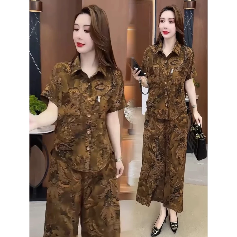 时尚套装女2025夏季新款洋气宽松显瘦衬衫上衣阔腿裤气质两件套潮