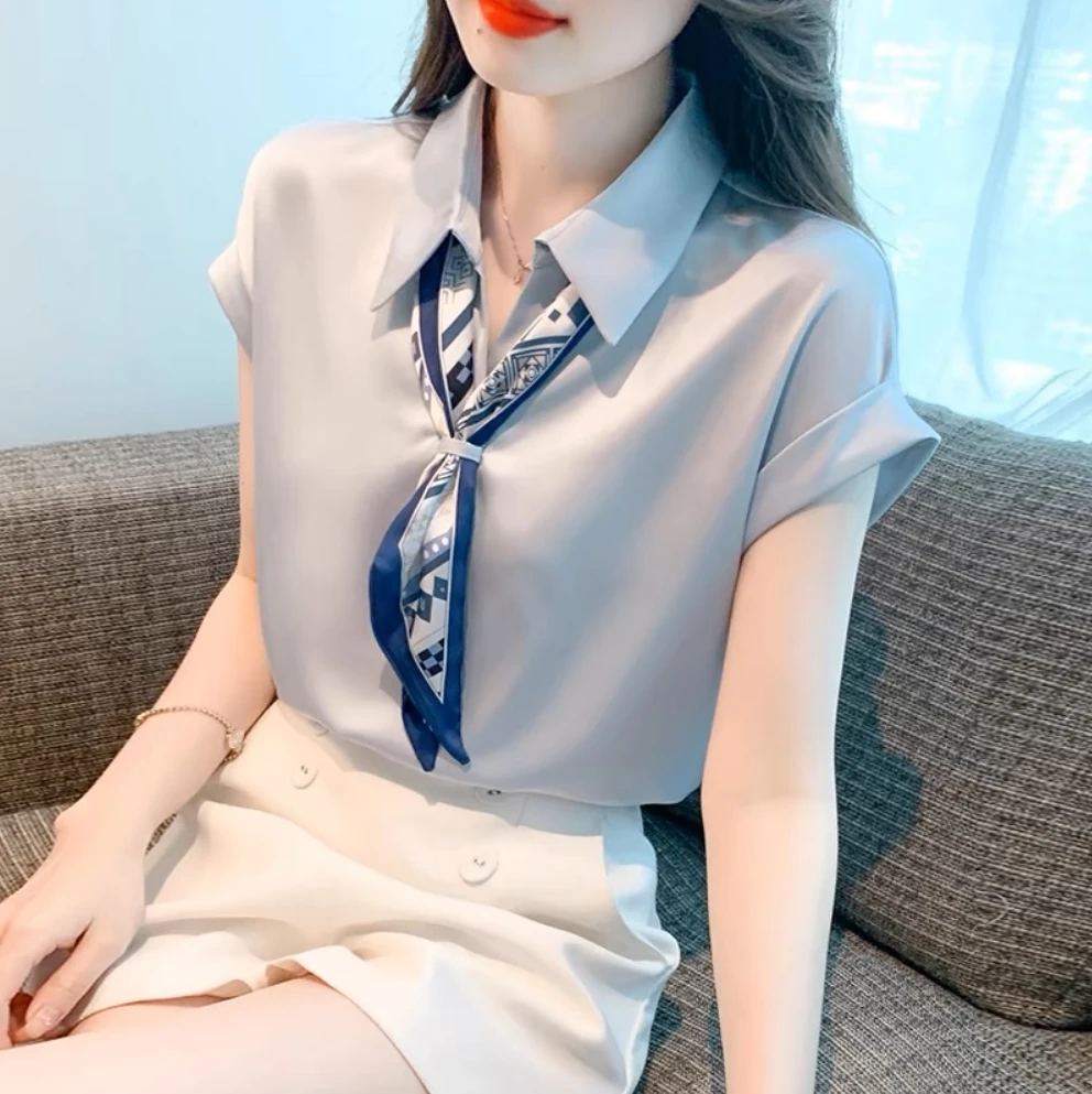 9566丝巾高档上衣女装夏季2025年新款法式气质职业轻熟风短袖衬衫