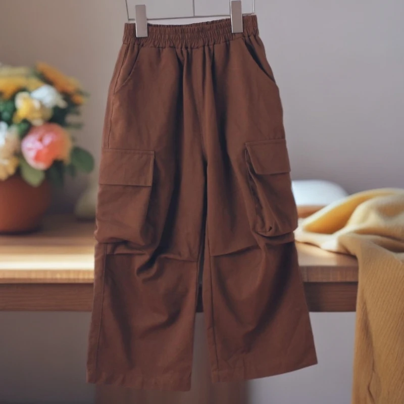 男女童纯棉工装裤儿童酷潮秋装洋气百搭休闲阔腿咖色复古直筒裤