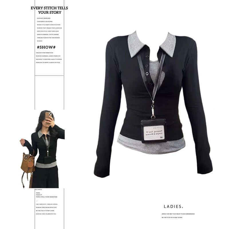 大码胖MM韩系学院风假两件翻领长袖T恤女秋季新款修身设计感上衣