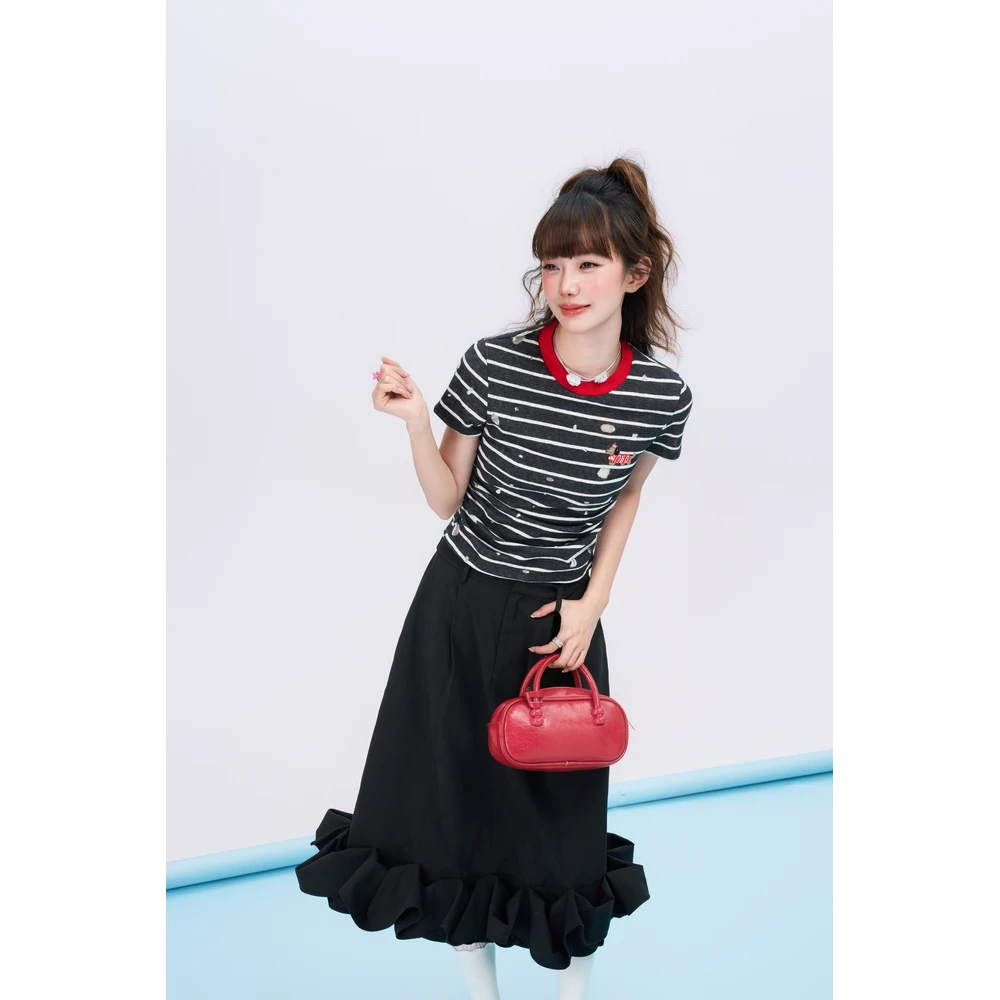 DUBZZY【腊肠狗】原创设计千金风复古条纹短袖T恤上衣女T214S25Z