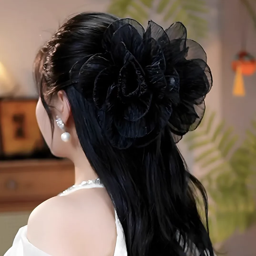 2025新款高级感气质百搭网纱花朵抓夹女后脑勺盘发大号鲨鱼夹发夹