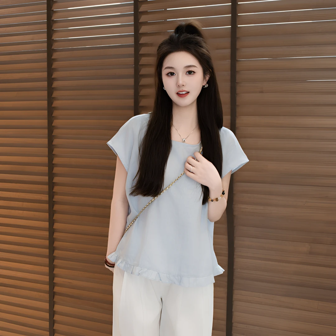 宿慕SUMU亚麻短袖小衫女甜美可爱衣服2025新款夏季衬衫小雨女装