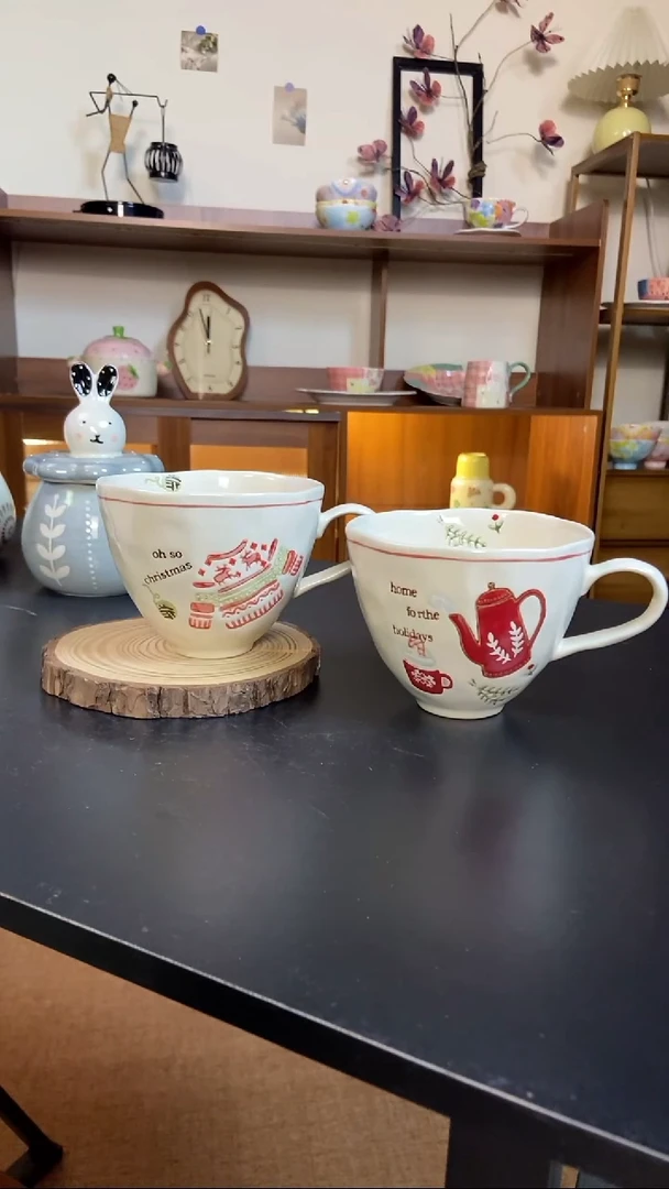 陶瓷早餐杯380ml釉下彩一对微瑕