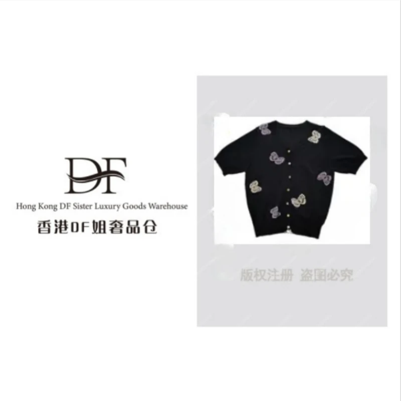 【DF奢品仓】夏季新款莱赛尔天丝针织短袖V领蝴蝶开衫女