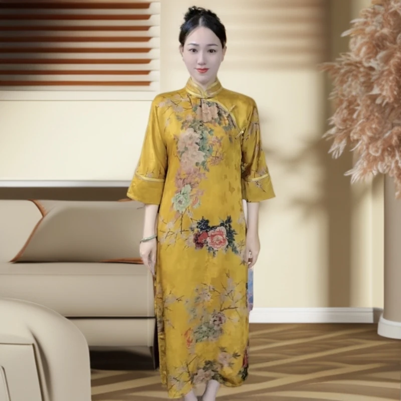 江南鑫雅阁【金蕊锦袍】新中式妈妈装连衣裙复古立领提花改良旗袍裙