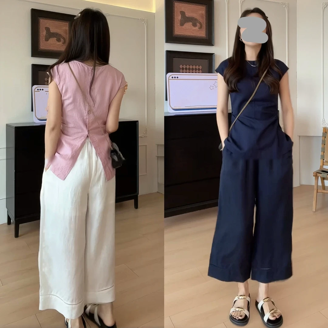 2025夏季轻薄舒适圆领单排扣无袖上衣显瘦百搭九分阔腿裤气质套装