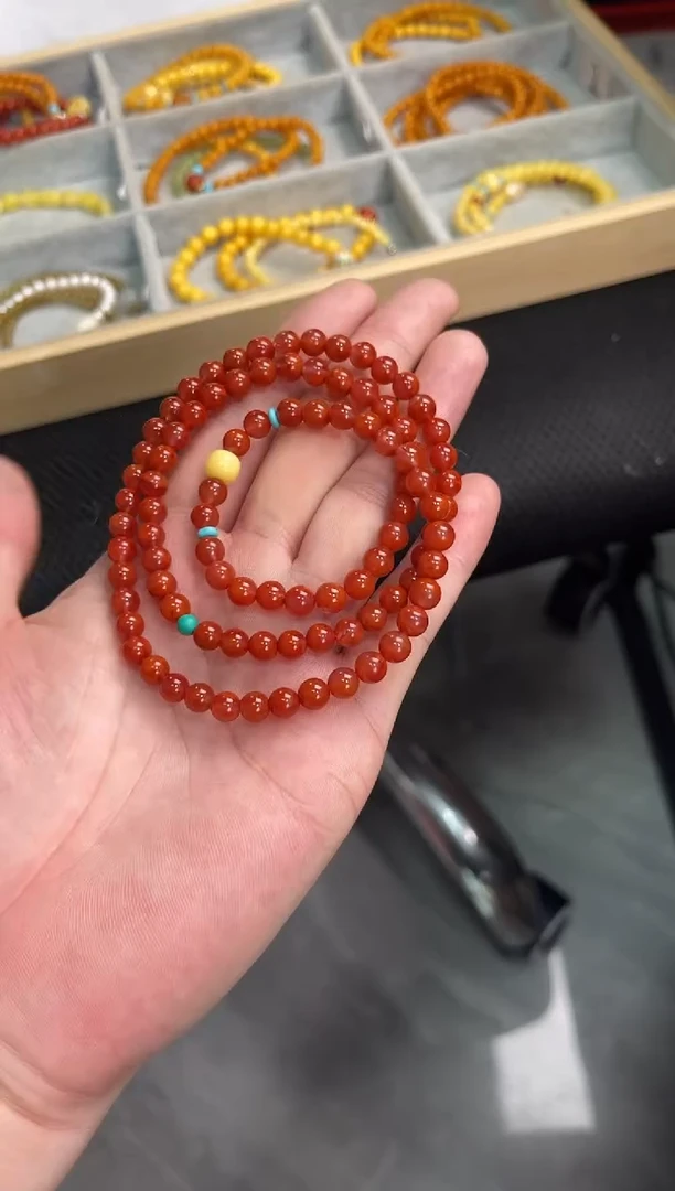 未镶嵌手串南红玛瑙火焰红三圈蜜蜡手串QF-C58（多样性发一）