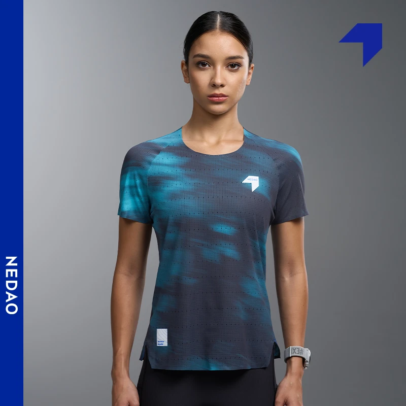 内道极光印花风洞短袖T恤马拉松跑步比赛男女新款透气风洞短袖T
